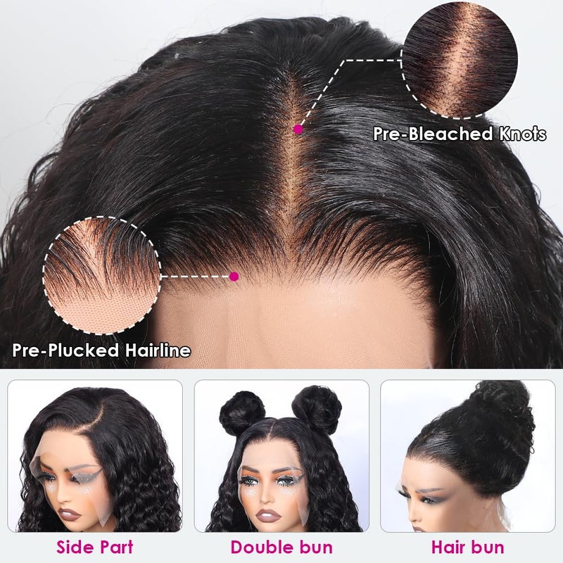 بيزاز شعر مستعار Pizazz Hidden Strap 360 Full Lace Frontal Hair، شعر بشري، منتوف مسبقًا، مبيض مسبقًا، كثافة 180، شعر مستعار مموج بدون غراء مع رباط (أسود، 18 بوصة) - Image 3